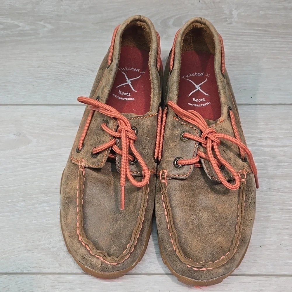 Twisted X Kids Girls SMUYDM09 Brown Leather Boat Moccasin Driving Shoes Sz 3.5M